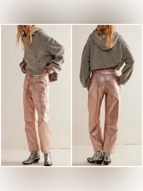 Free People Denim - NWOT Free People We The Free Moxie Metallic Low-Slung Barrel Jeans - pink - 26